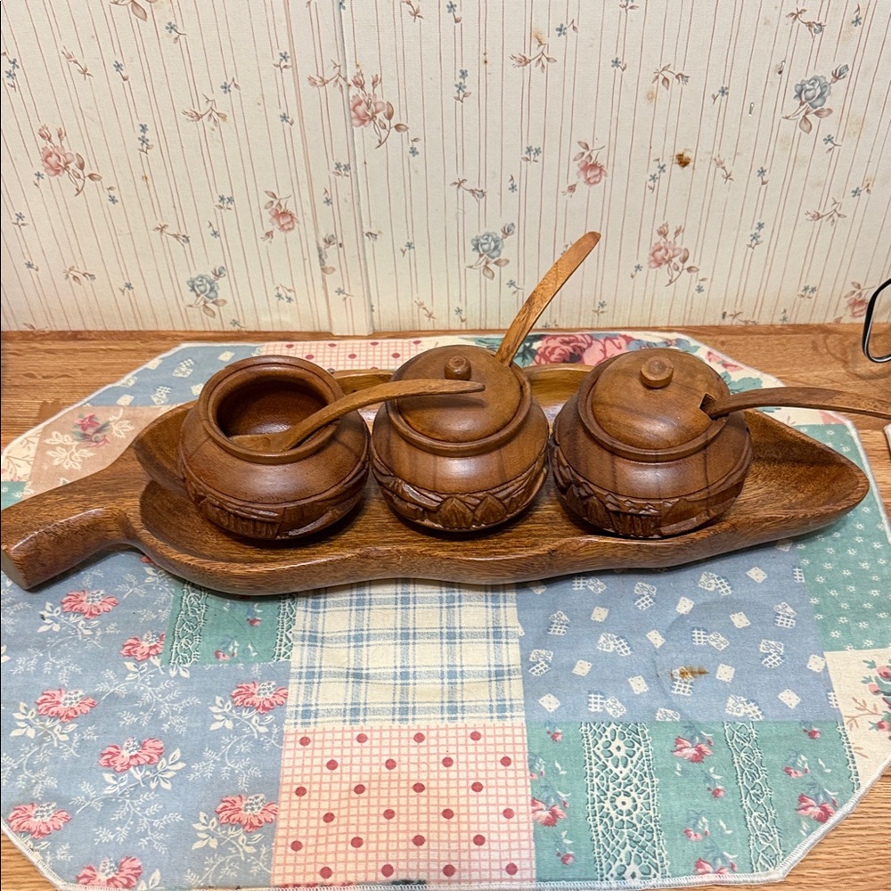 Wooden Condiment Set with Tray and Spoons - Brown